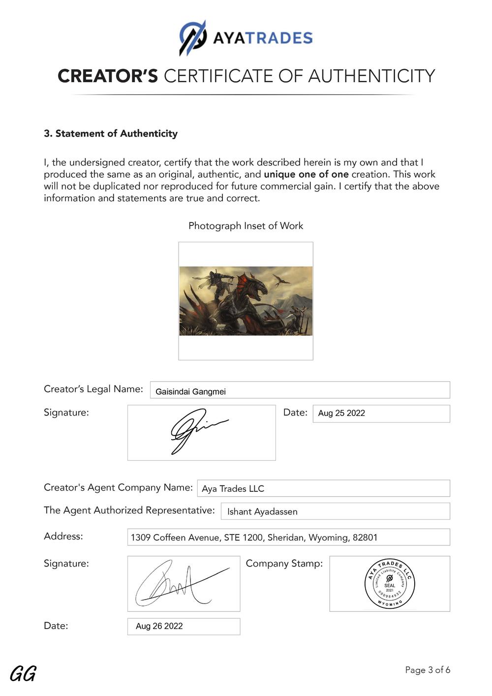 Certificate of Authenticity and Consignment - Reptilian Battle