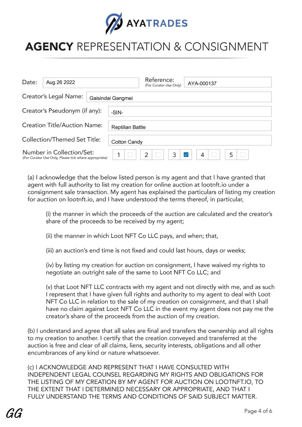 Certificate of Authenticity and Consignment - Reptilian Battle