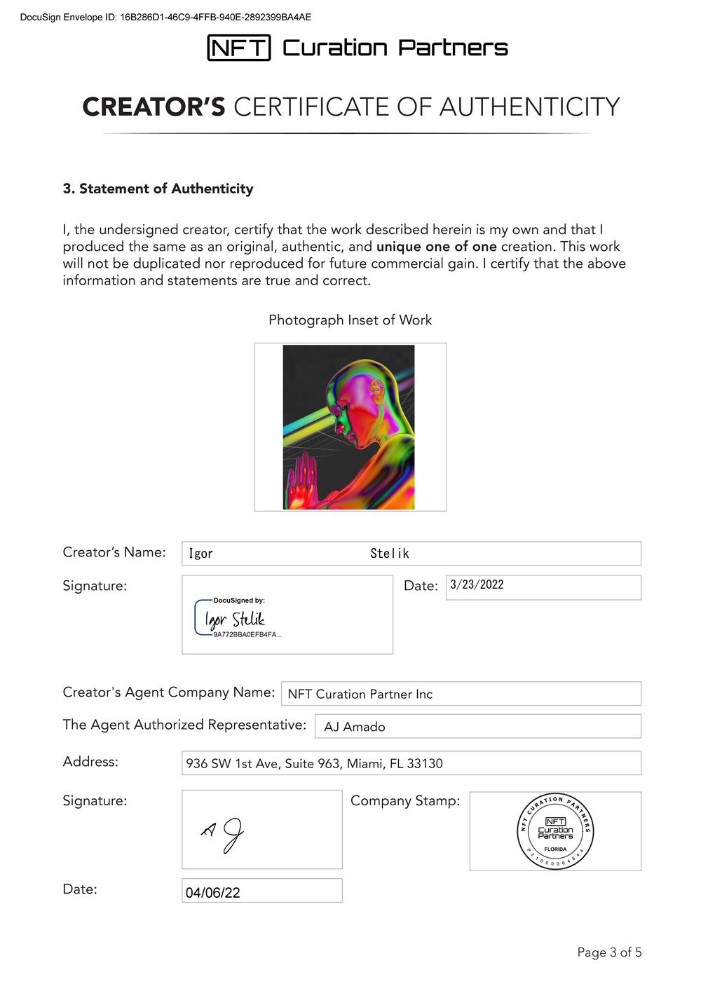 Certificate of Authenticity and Consignment - Retribution