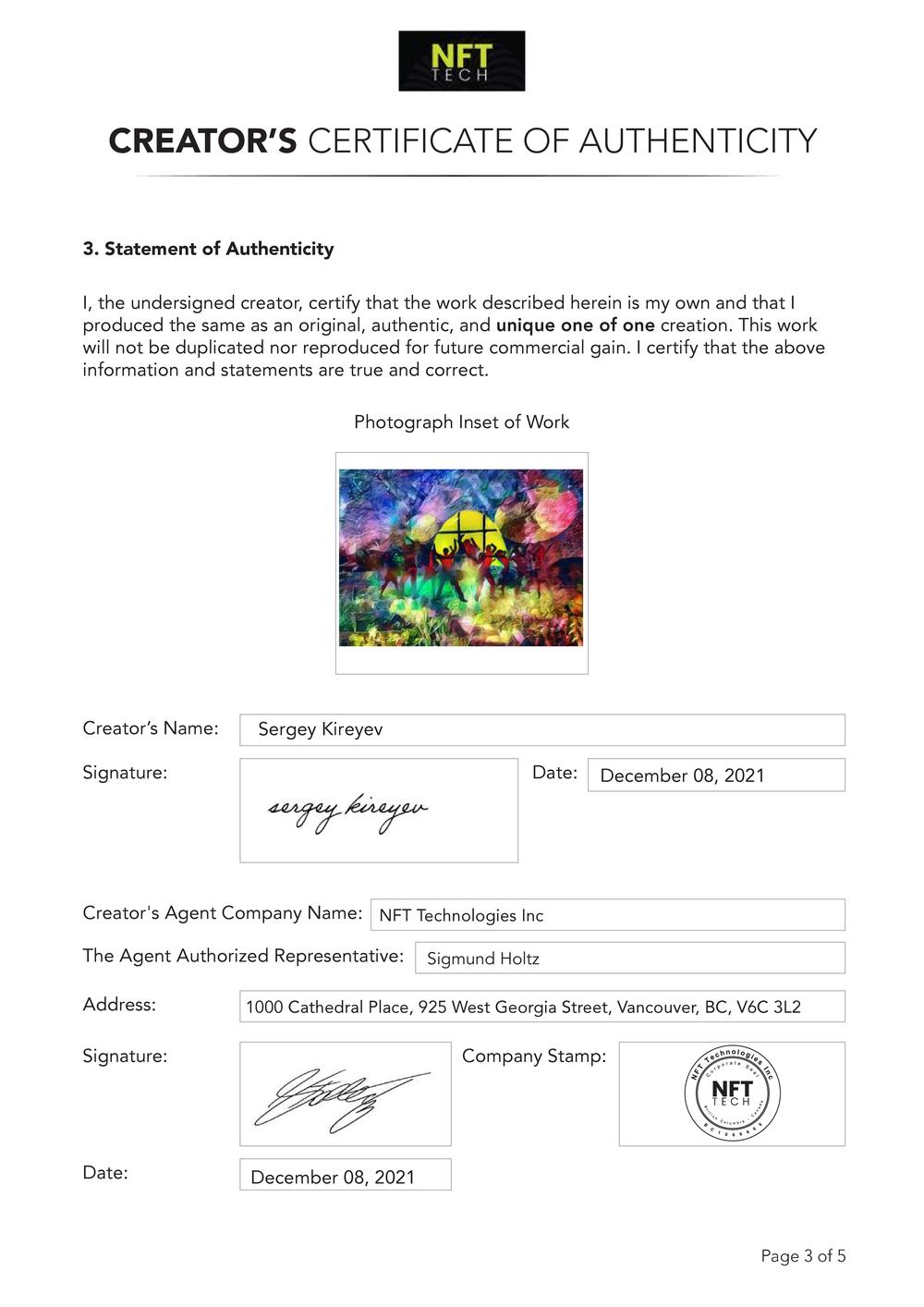 Certificate of Authenticity and Consignment - Return of Humanity Celebration