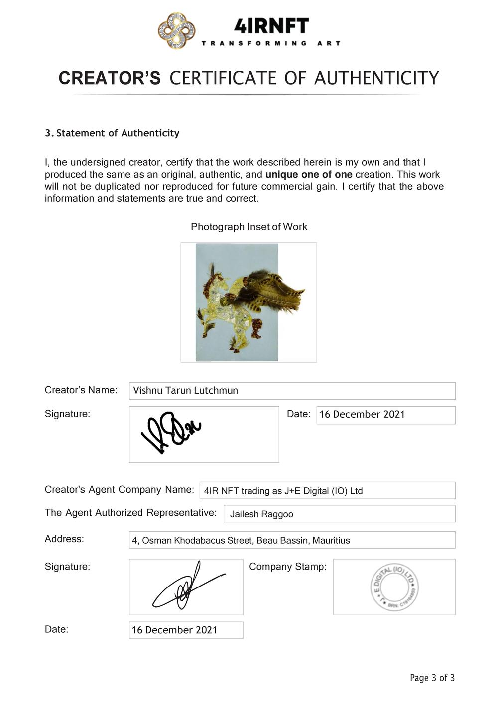 Certificate of Authenticity and Consignment - Ride the wind