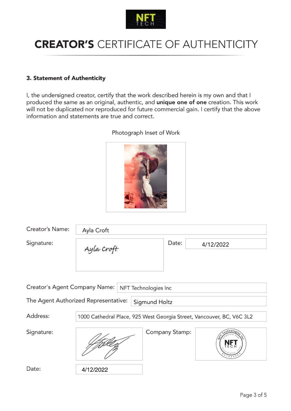 Certificate of Authenticity and Consignment - Risen From The Flames