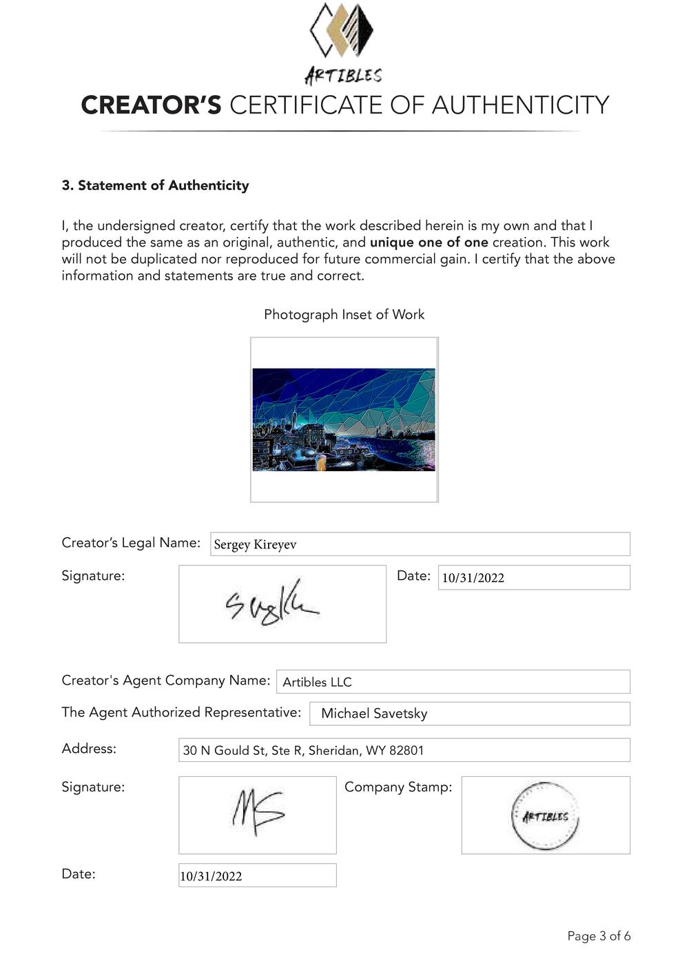 Certificate of Authenticity and Consignment - Rooftop View