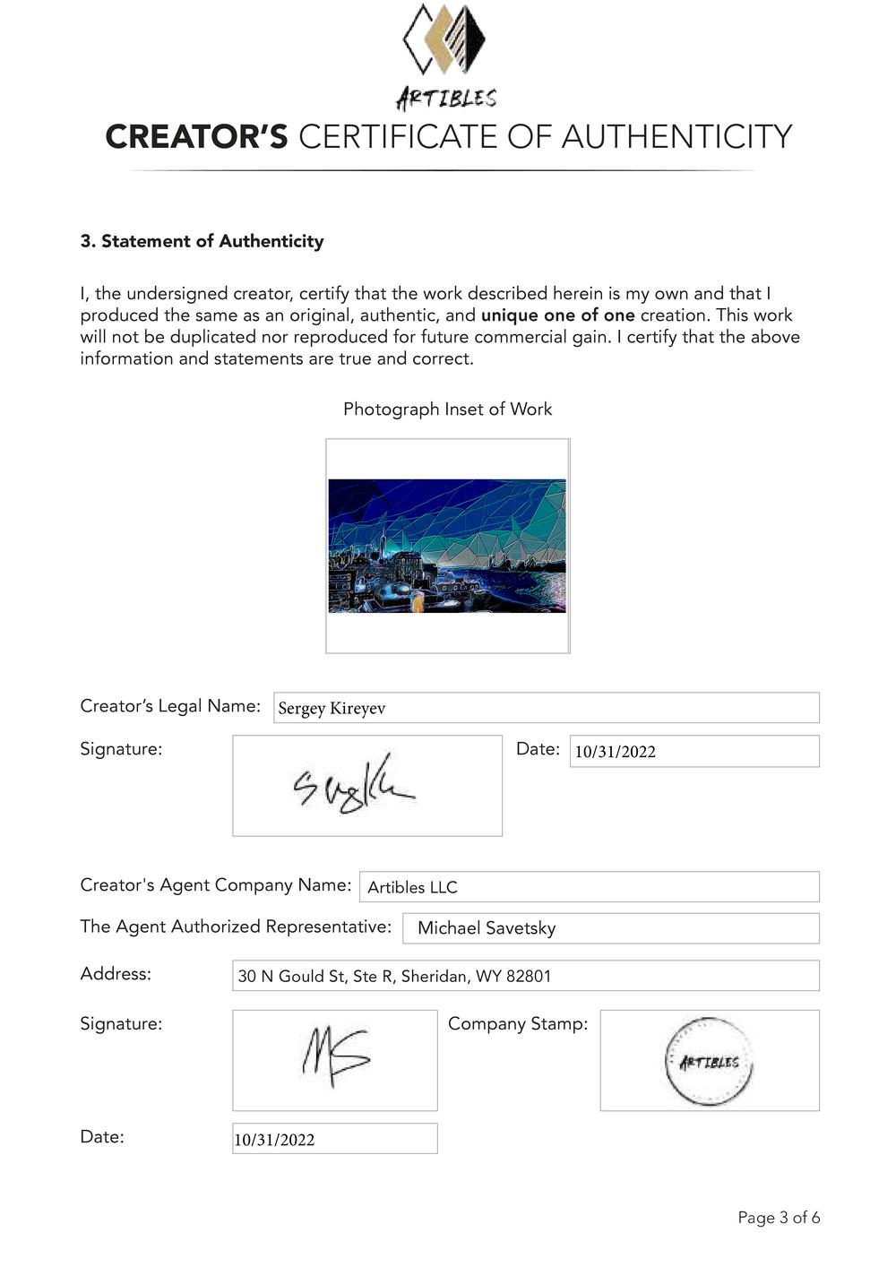 Certificate of Authenticity and Consignment - Rooftop View
