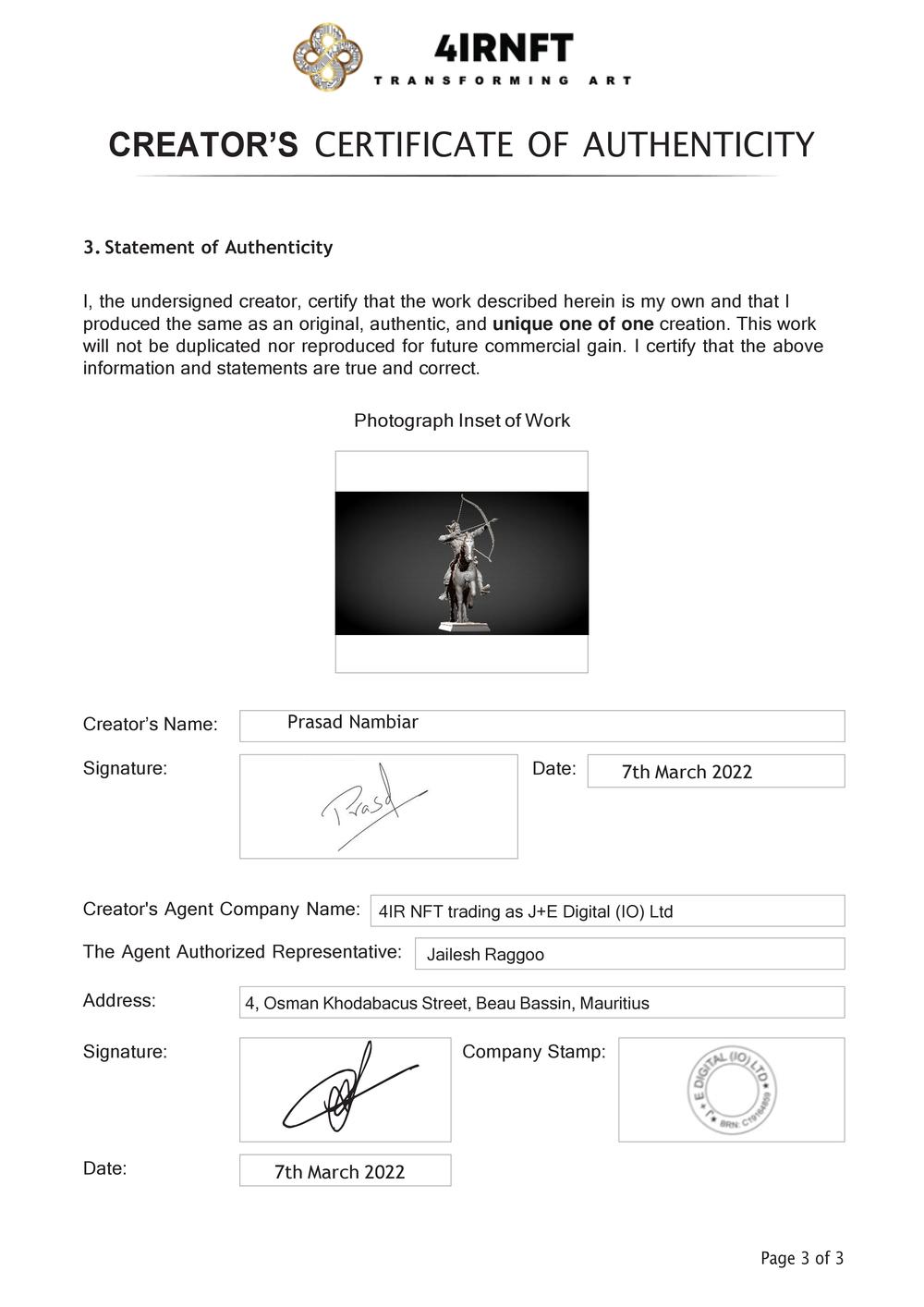 Certificate of Authenticity and Consignment - Samrat Prithviraj Chauhan