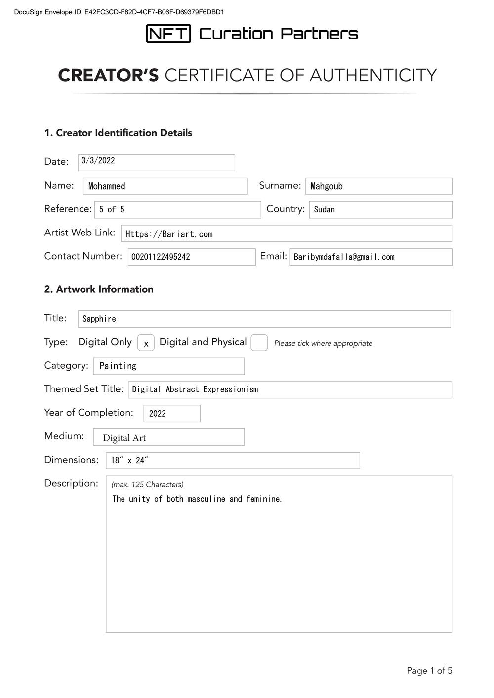 Certificate of Authenticity and Consignment - Sapphire - Mohammed