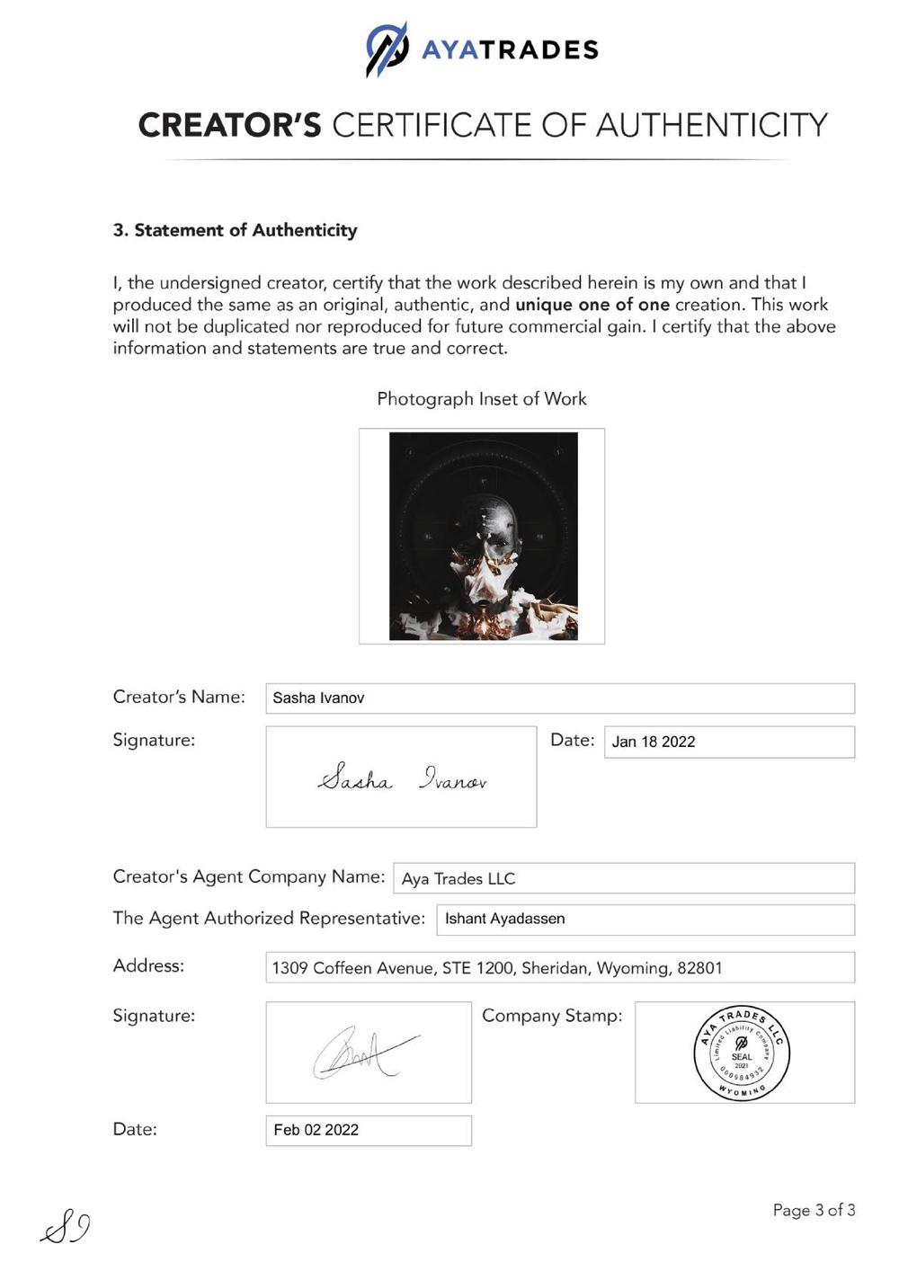 Certificate of Authenticity and Consignment - Sasha
