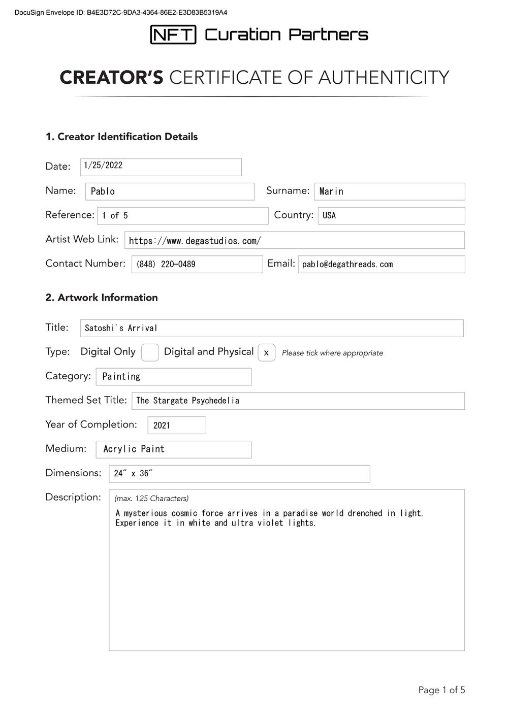 Certificate of Authenticity and Consignment - Satoshis Arrival