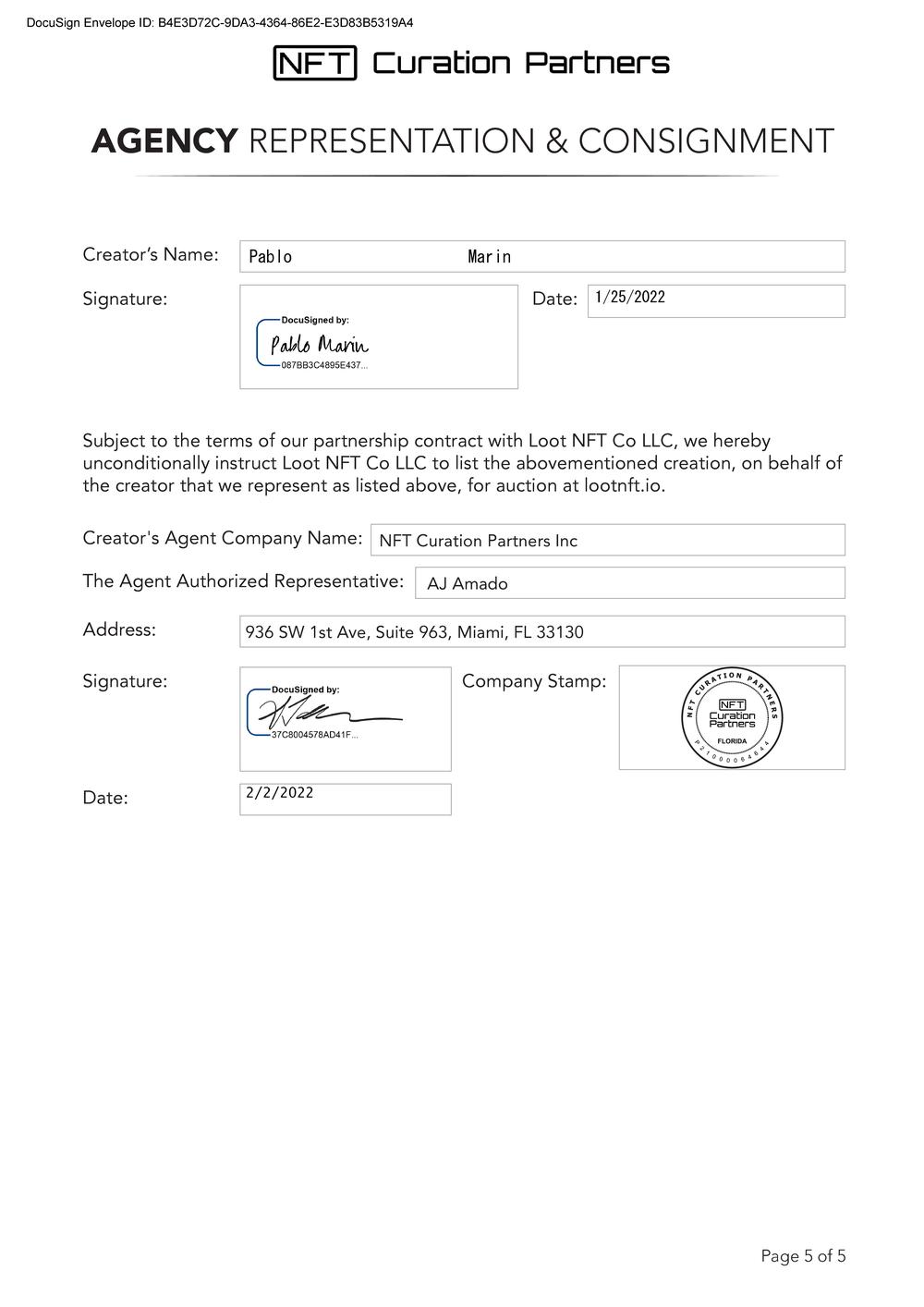 Certificate of Authenticity and Consignment - Satoshis Arrival