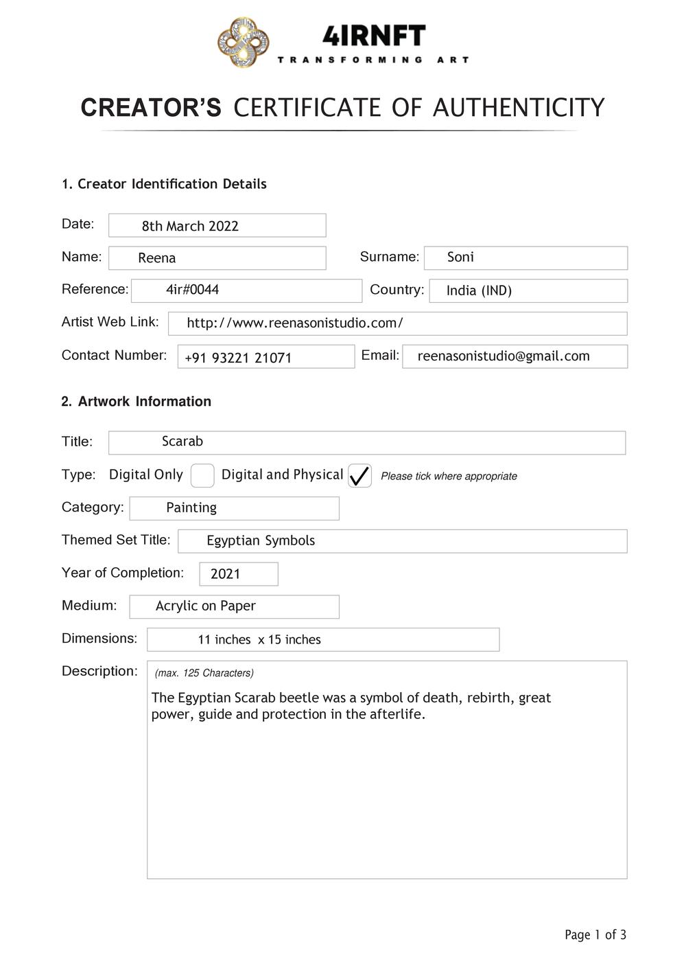 Certificate of Authenticity and Consignment - Scarab