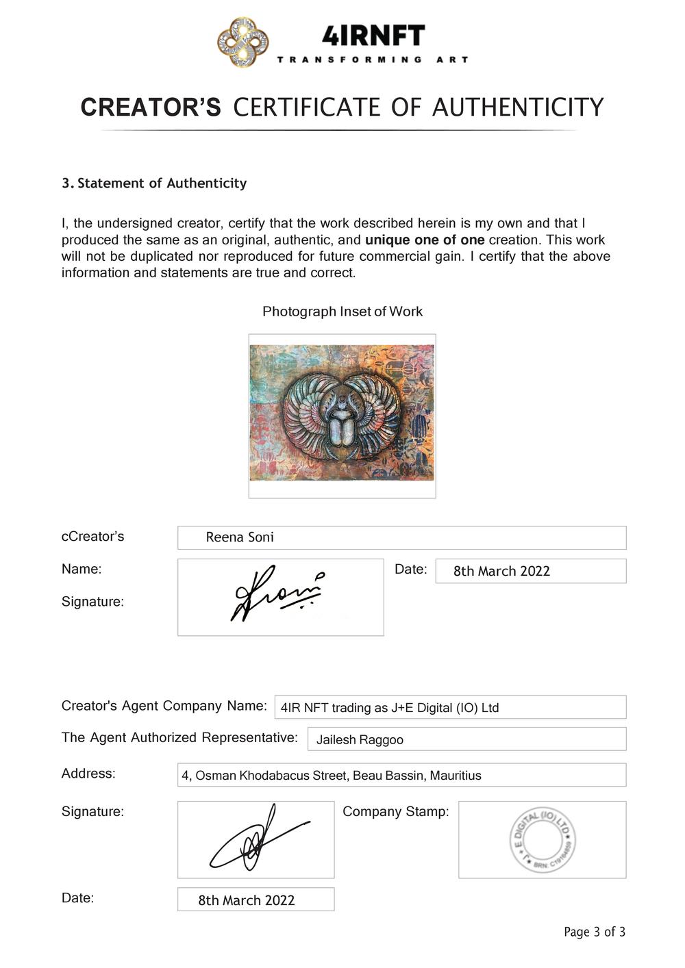 Certificate of Authenticity and Consignment - Scarab