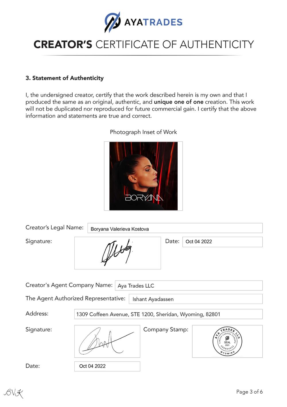 Certificate of Authenticity and Consignment - Sentiment