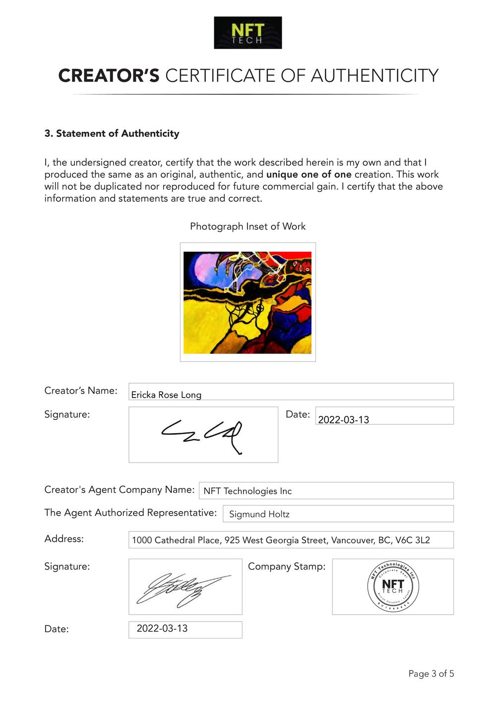 Certificate of Authenticity and Consignment - Shattered Dawn