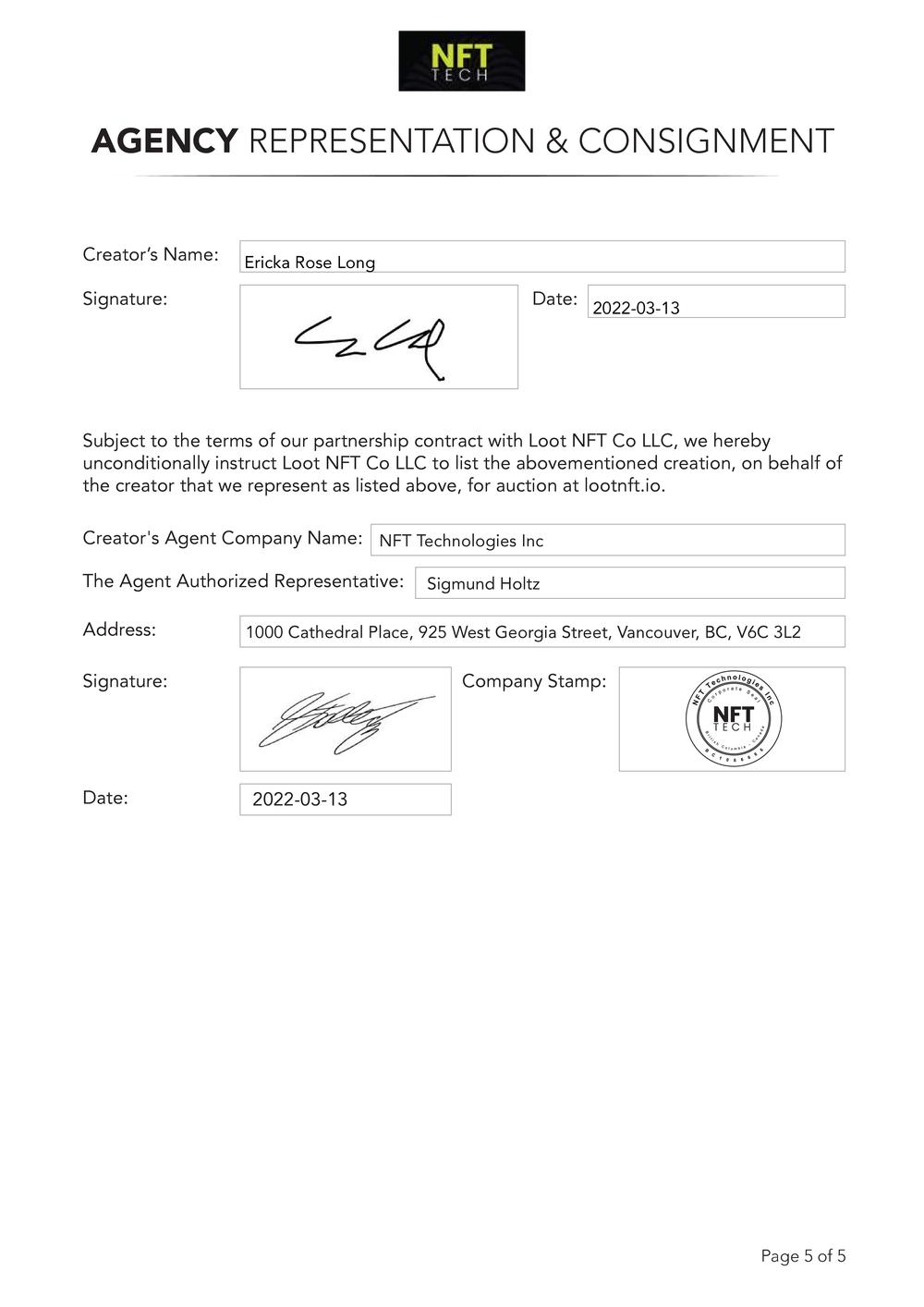 Certificate of Authenticity and Consignment - Shattered Dawn