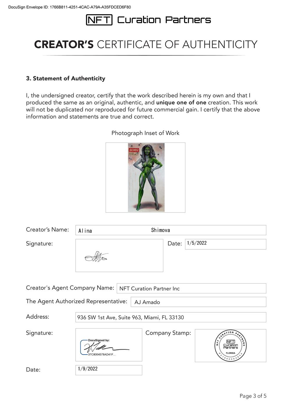Certificate of Authenticity and Consignment - She Hulk