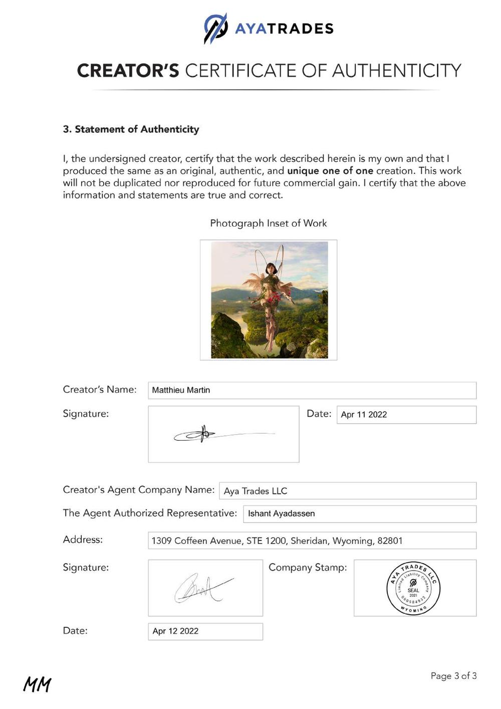 Certificate of Authenticity and Consignment - She Leaves