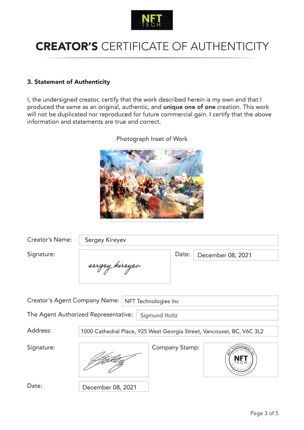 Certificate of Authenticity and Consignment - Showtime