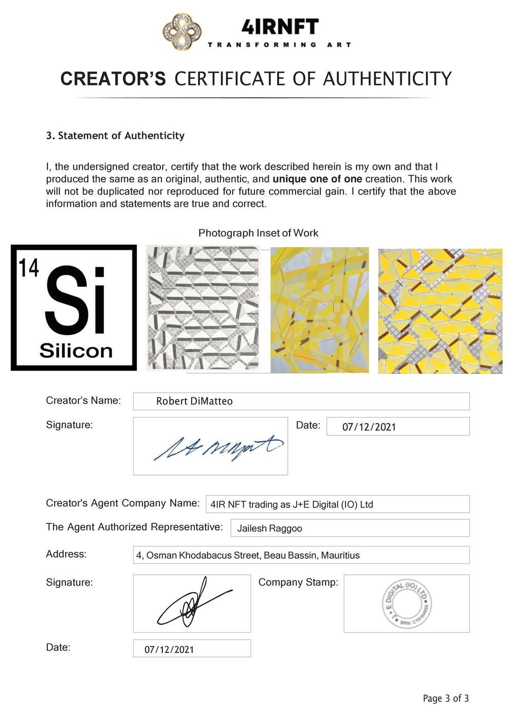 Certificate of Authenticity and Consignment - Silicon