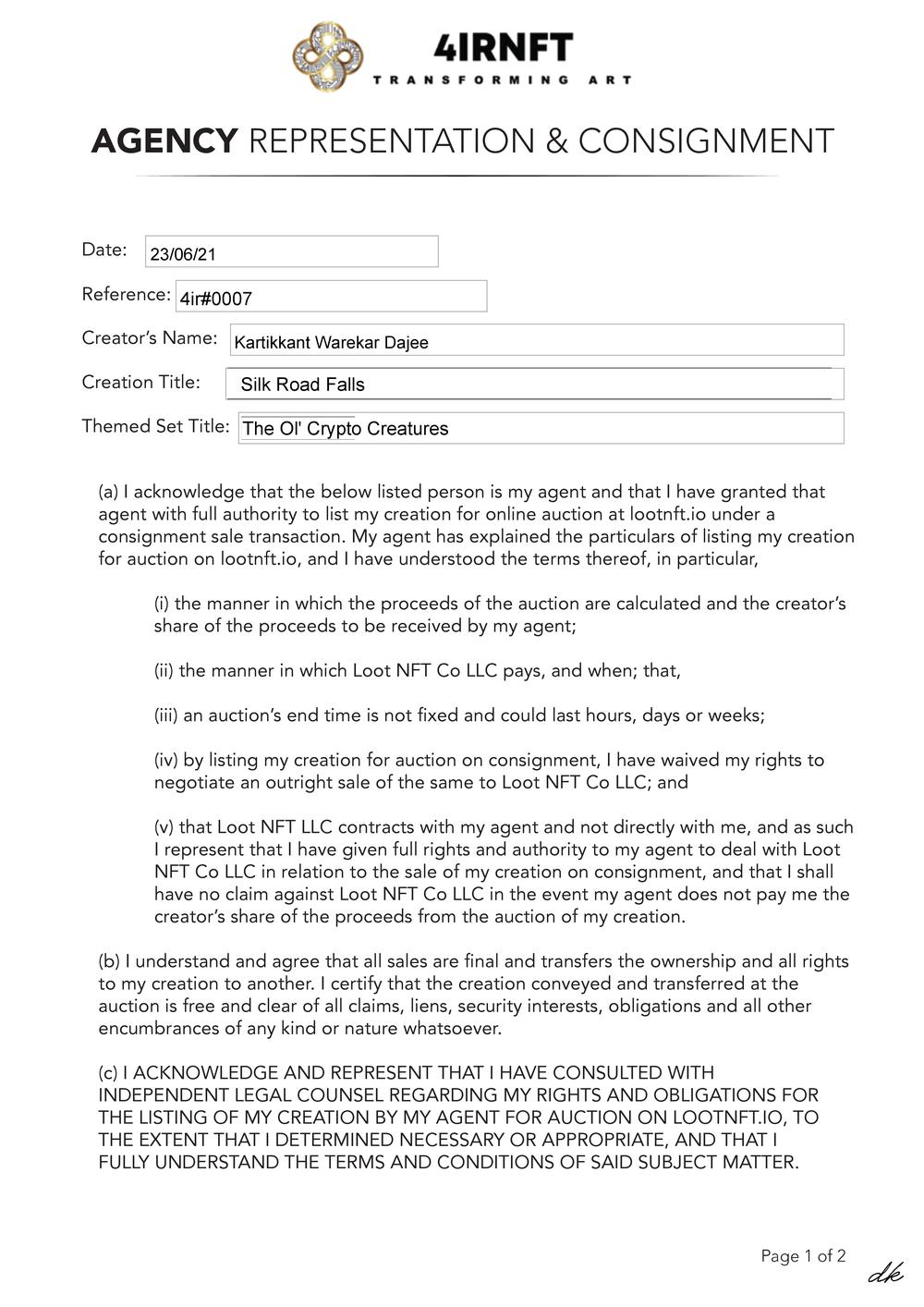Certificate of Authenticity and Consignment Silk Road Falls