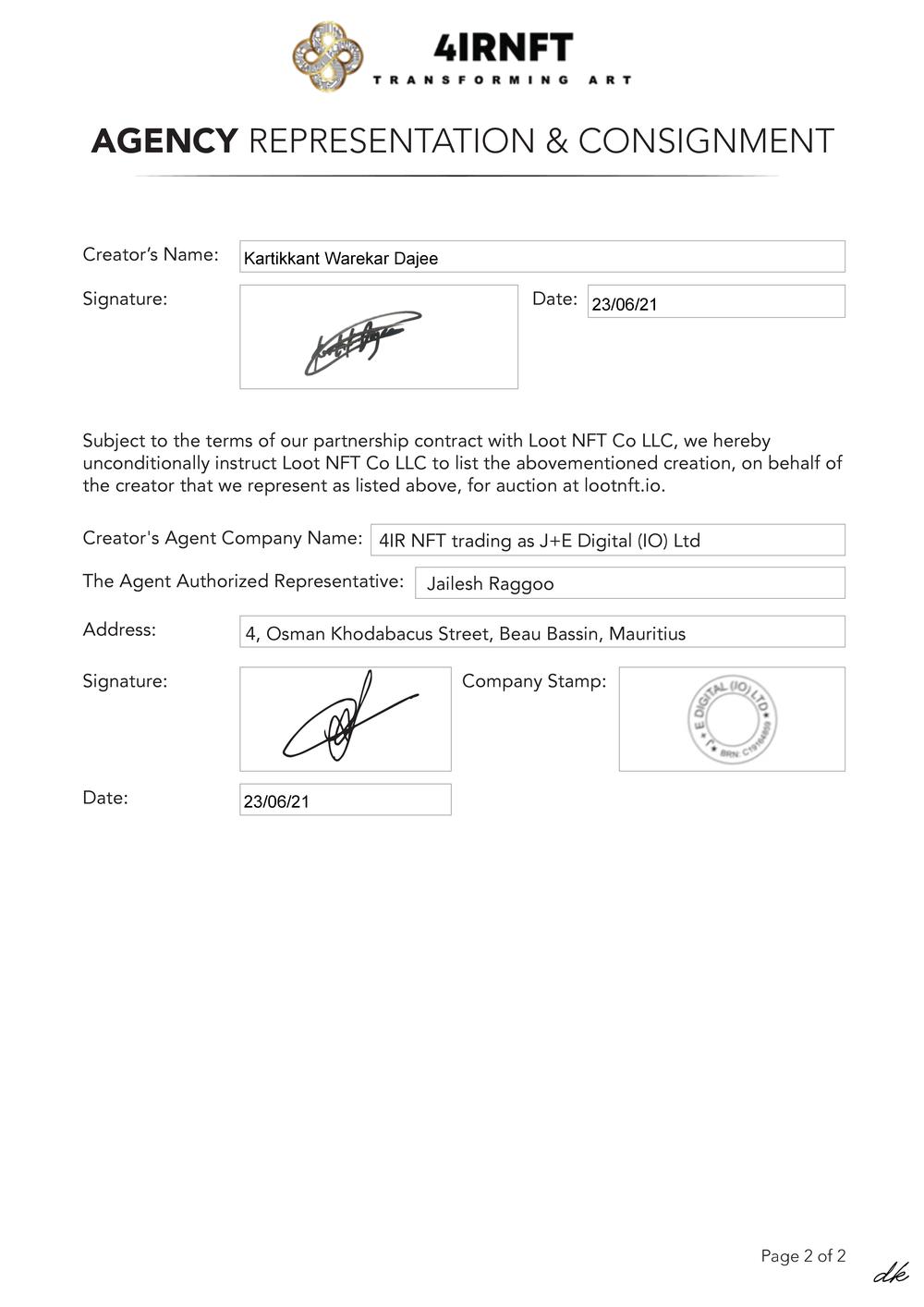 Certificate of Authenticity and Consignment Silk Road Falls