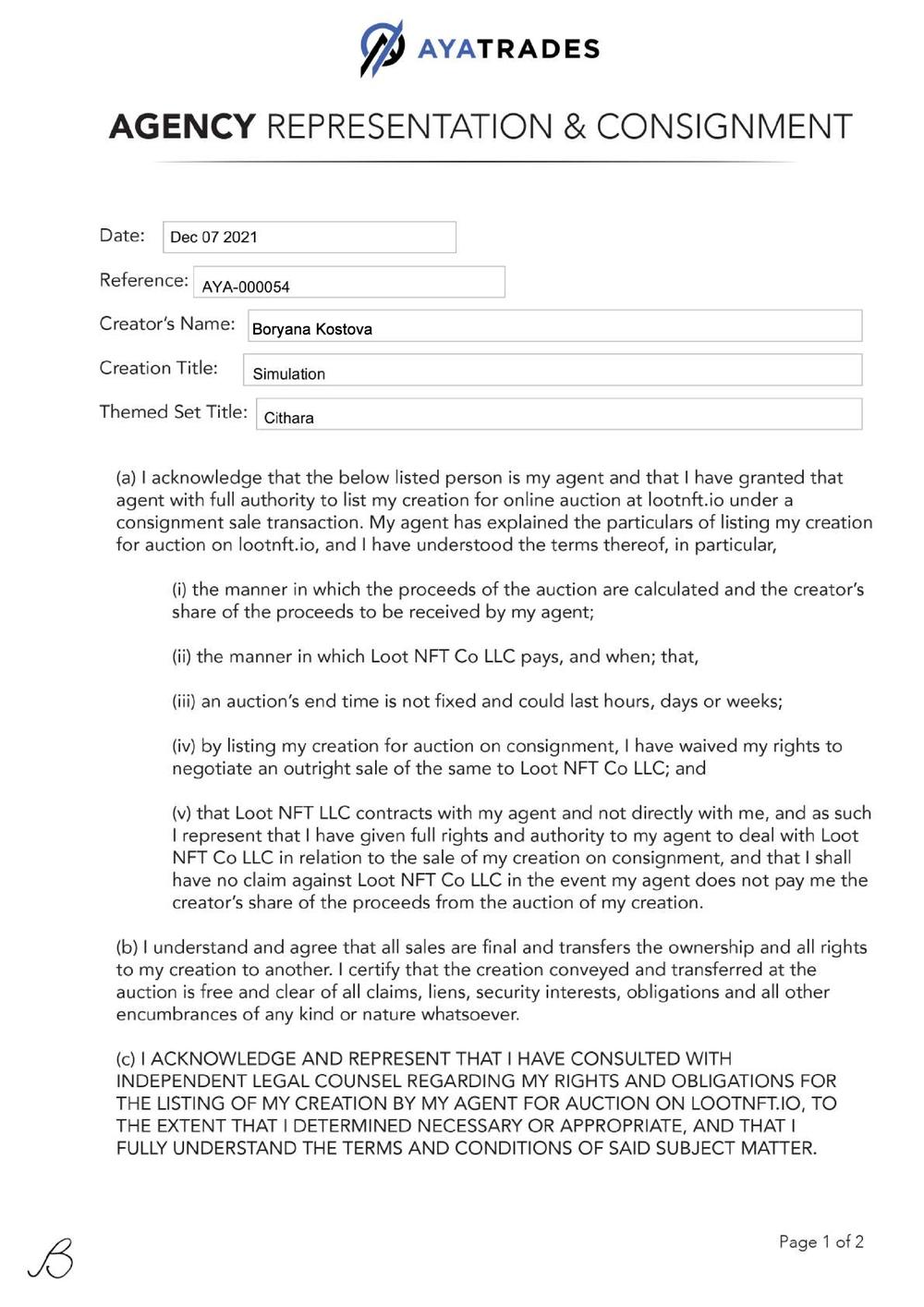 Certificate of Authenticity and Consignment - Simulation