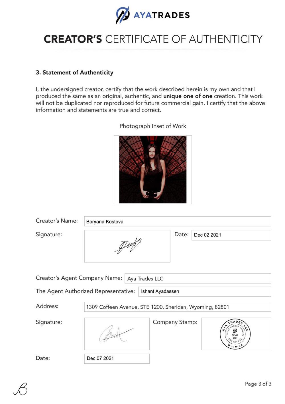 Certificate of Authenticity and Consignment - Simulation