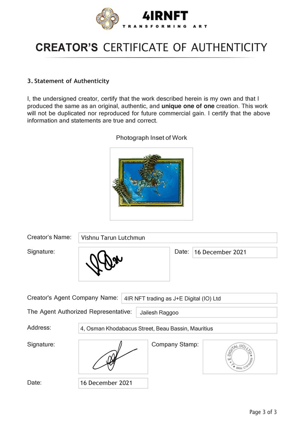 Certificate of Authenticity and Consignment - Sir Horse