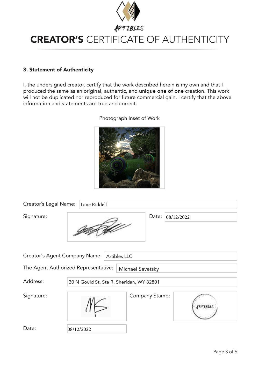 Certificate of Authenticity and Consignment - Somewhere