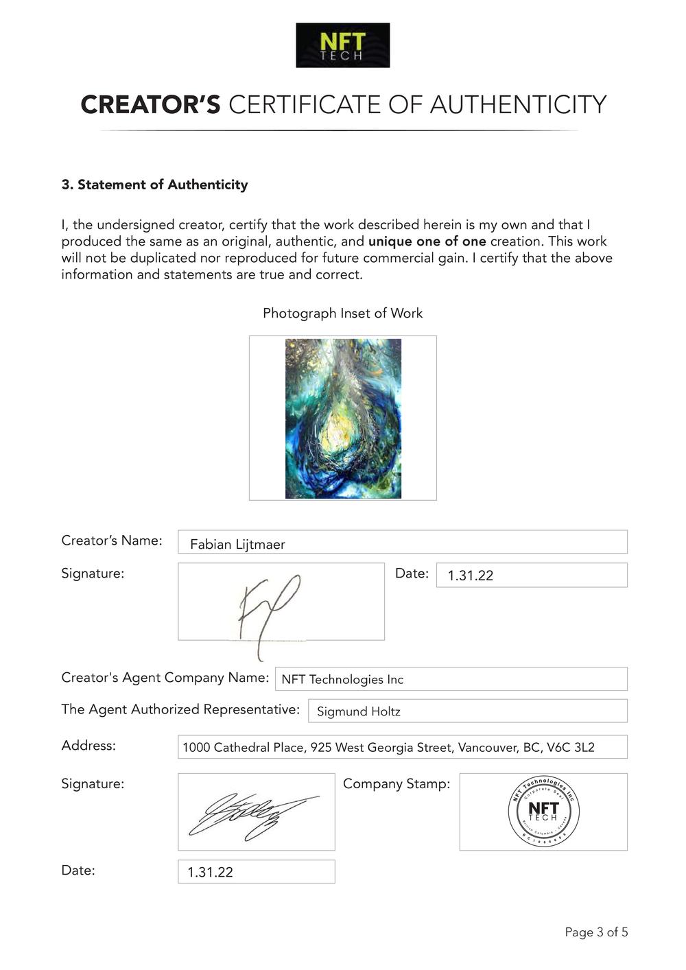 Certificate of Authenticity and Consignment - Song Of The Burning Bush
