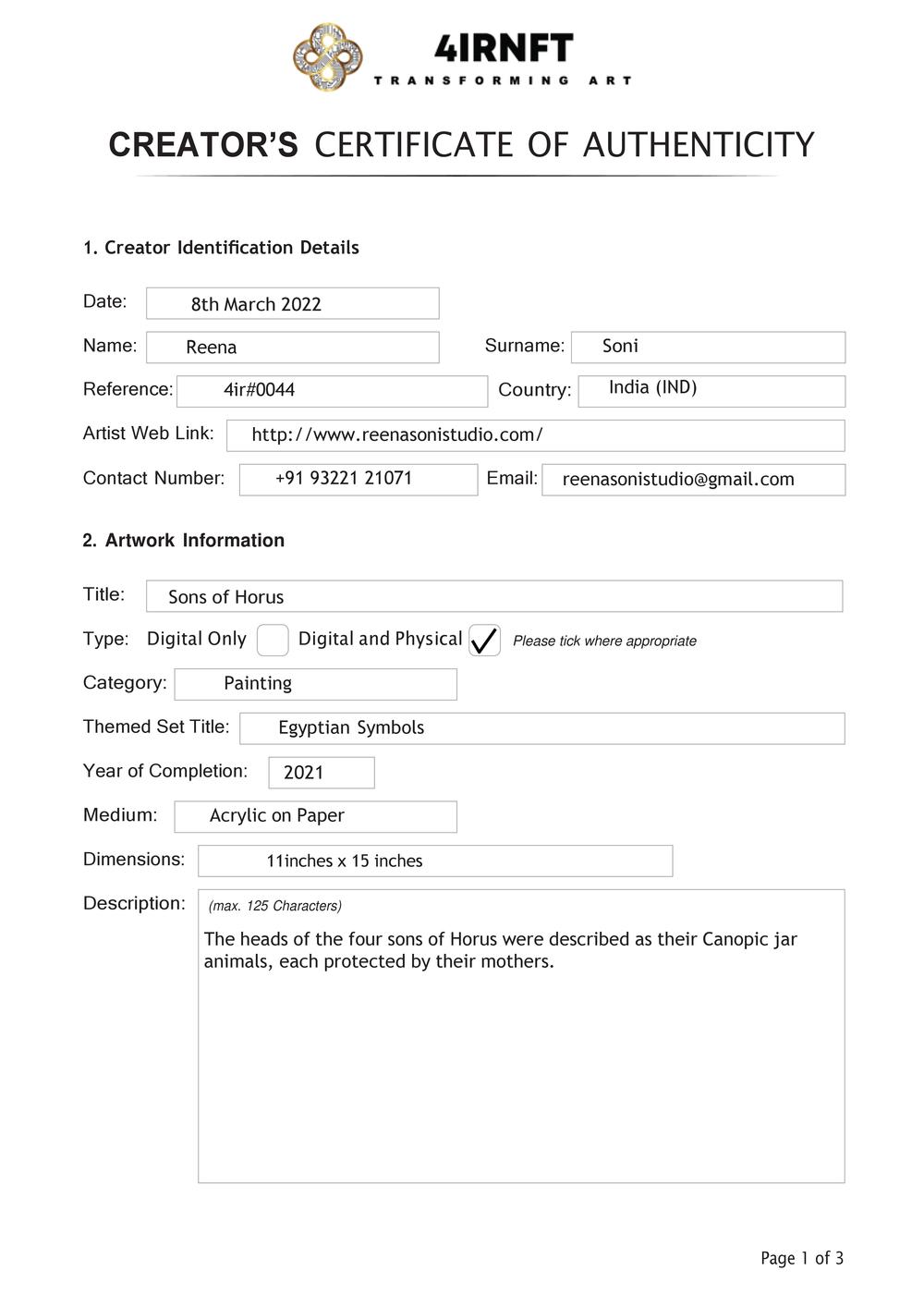 Certificate of Authenticity and Consignment - Sons of Horus