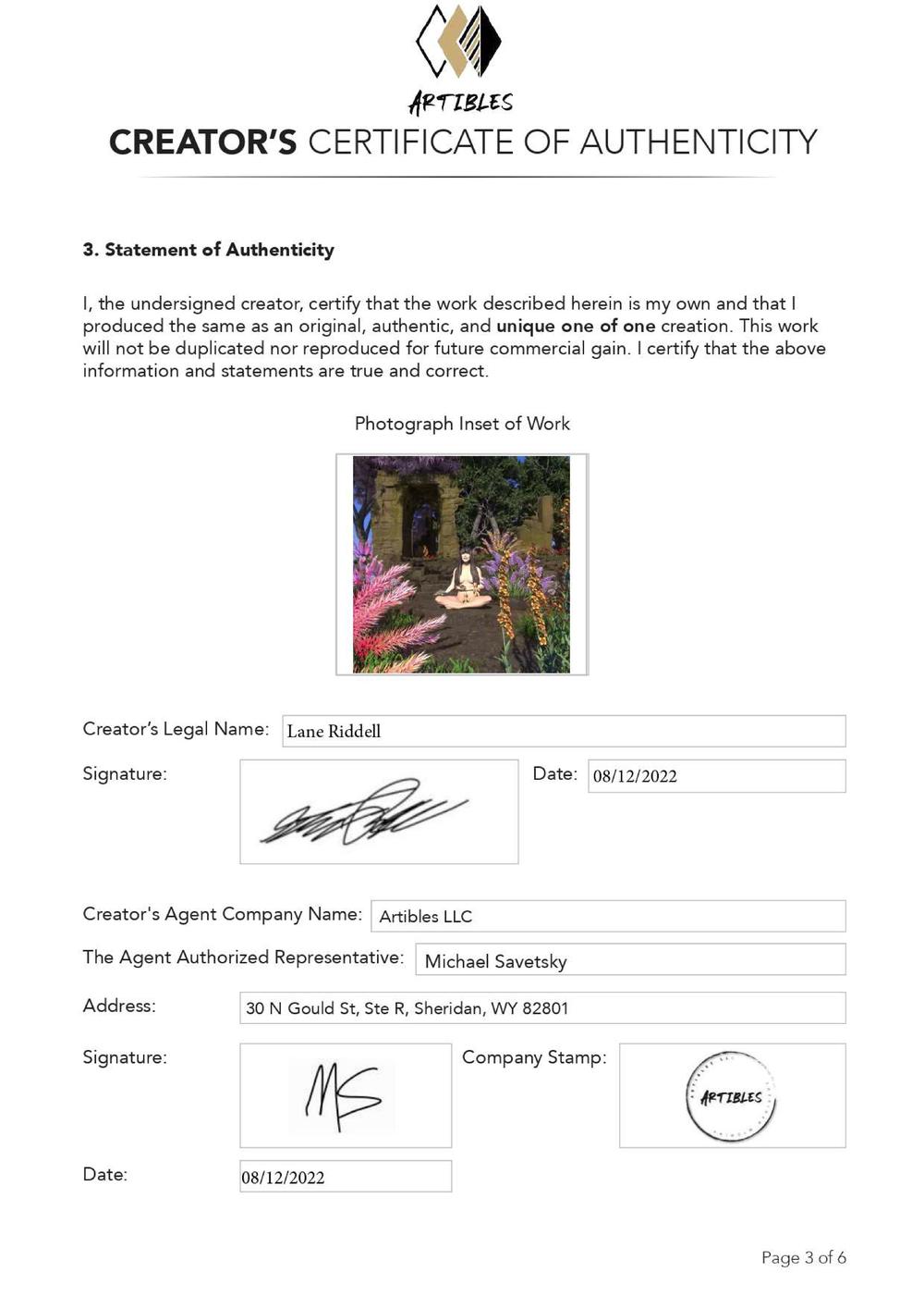 Certificate of Authenticity and Consignment - Spirited Ritual - Lane