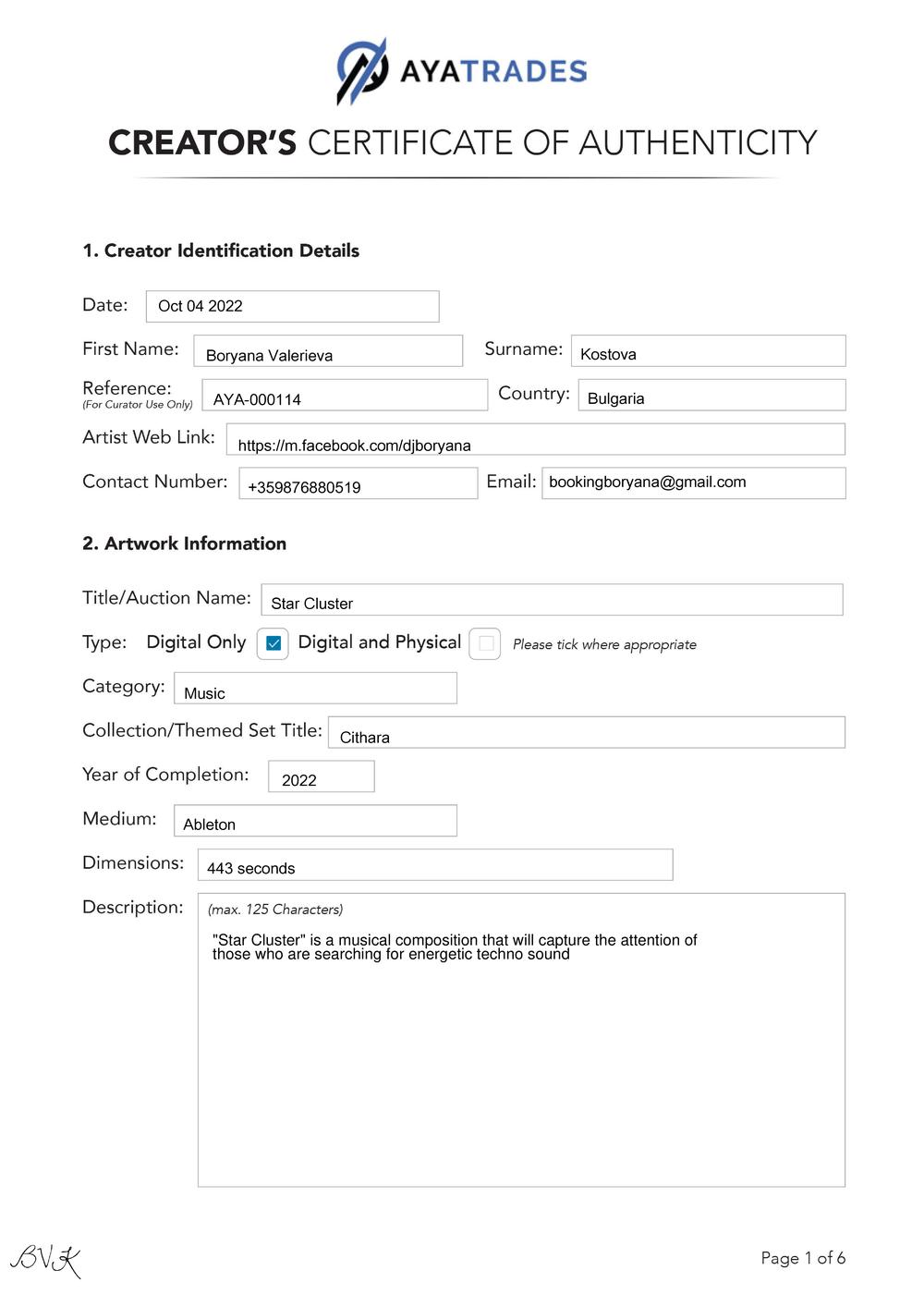 Certificate of Authenticity and Consignment - Star Cluster