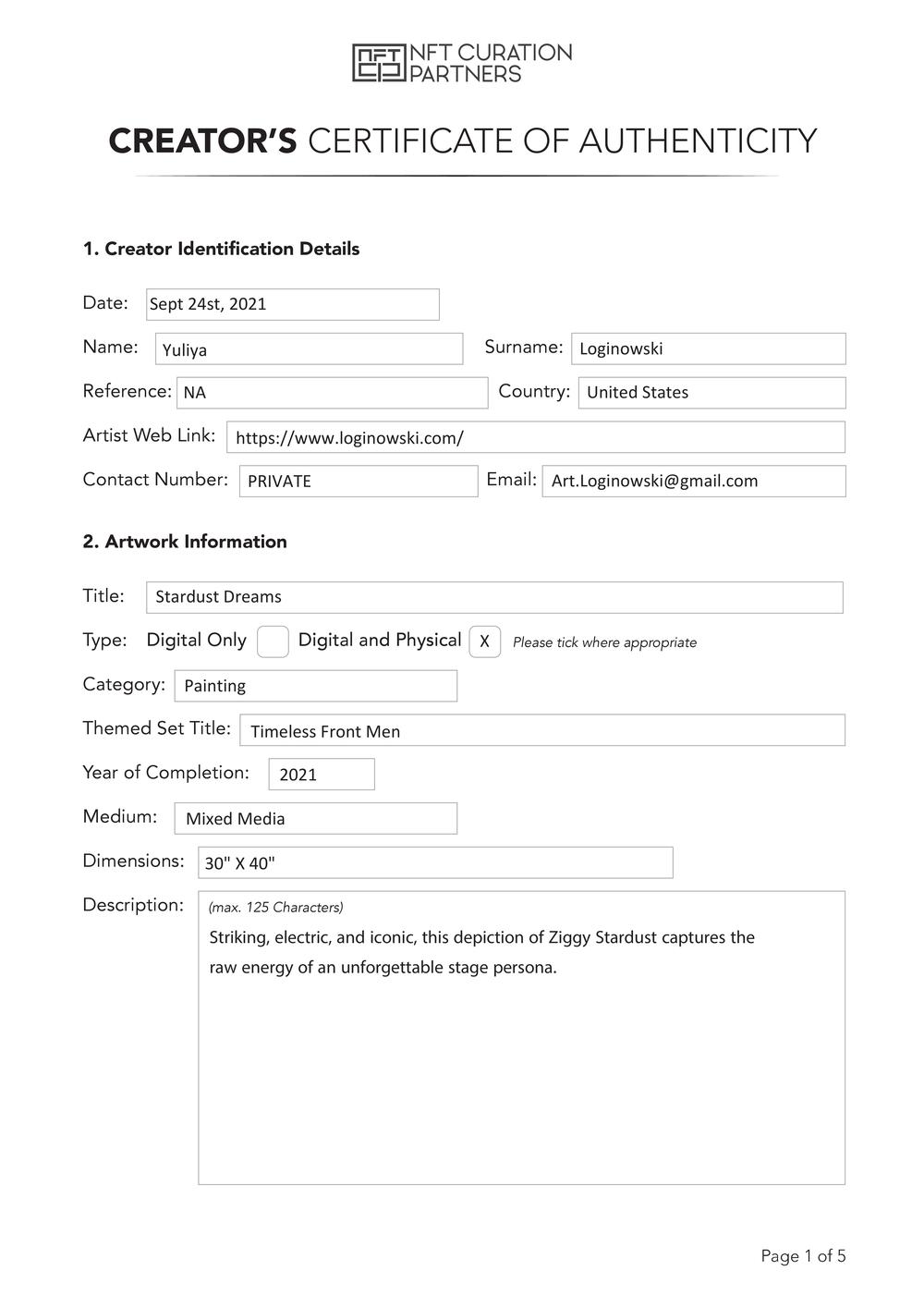 Certificate of Authenticity and Consignment - Stardust Dreams