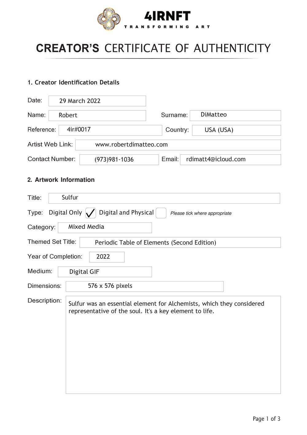 Certificate of Authenticity and Consignment - Sulfur