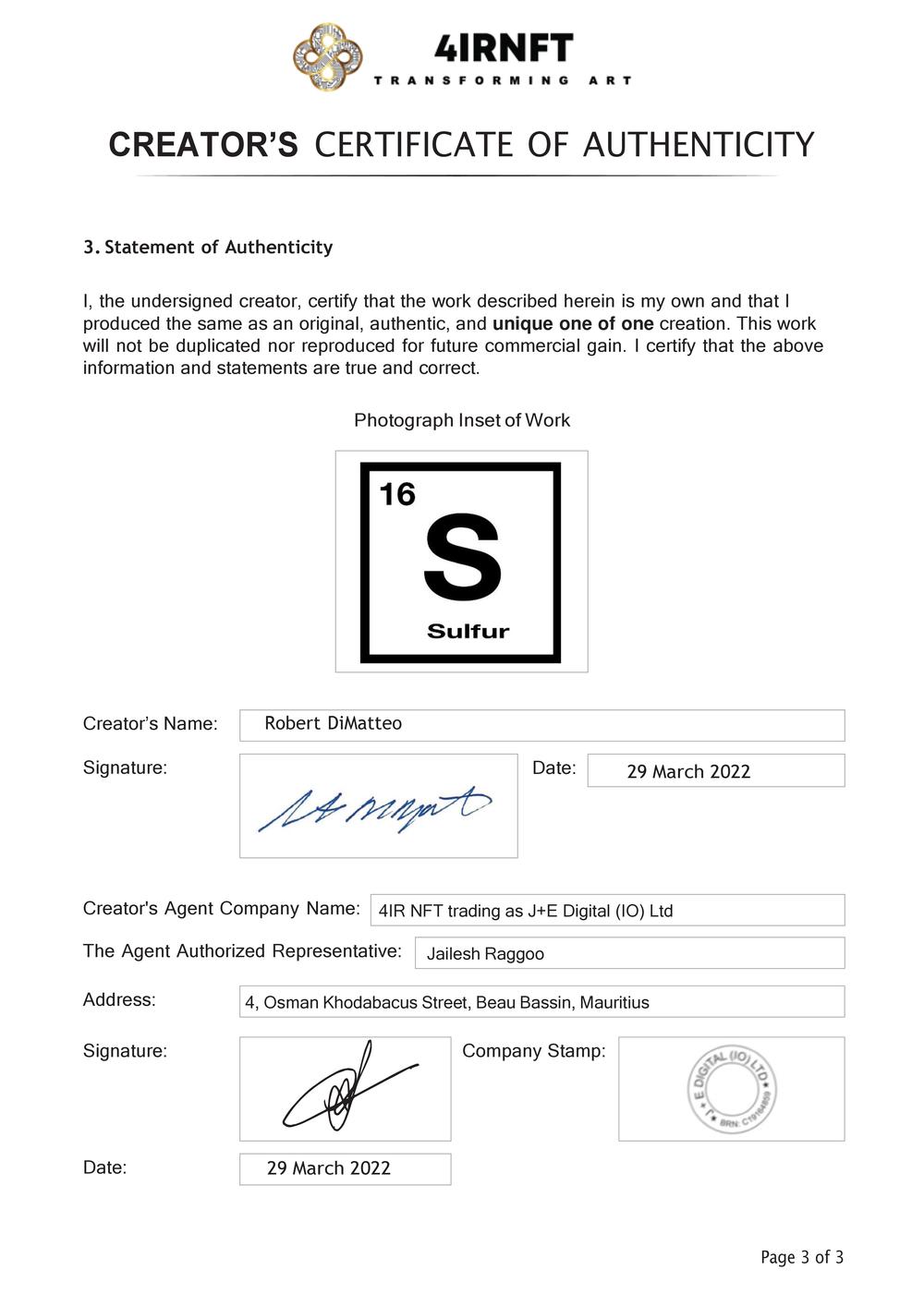 Certificate of Authenticity and Consignment - Sulfur
