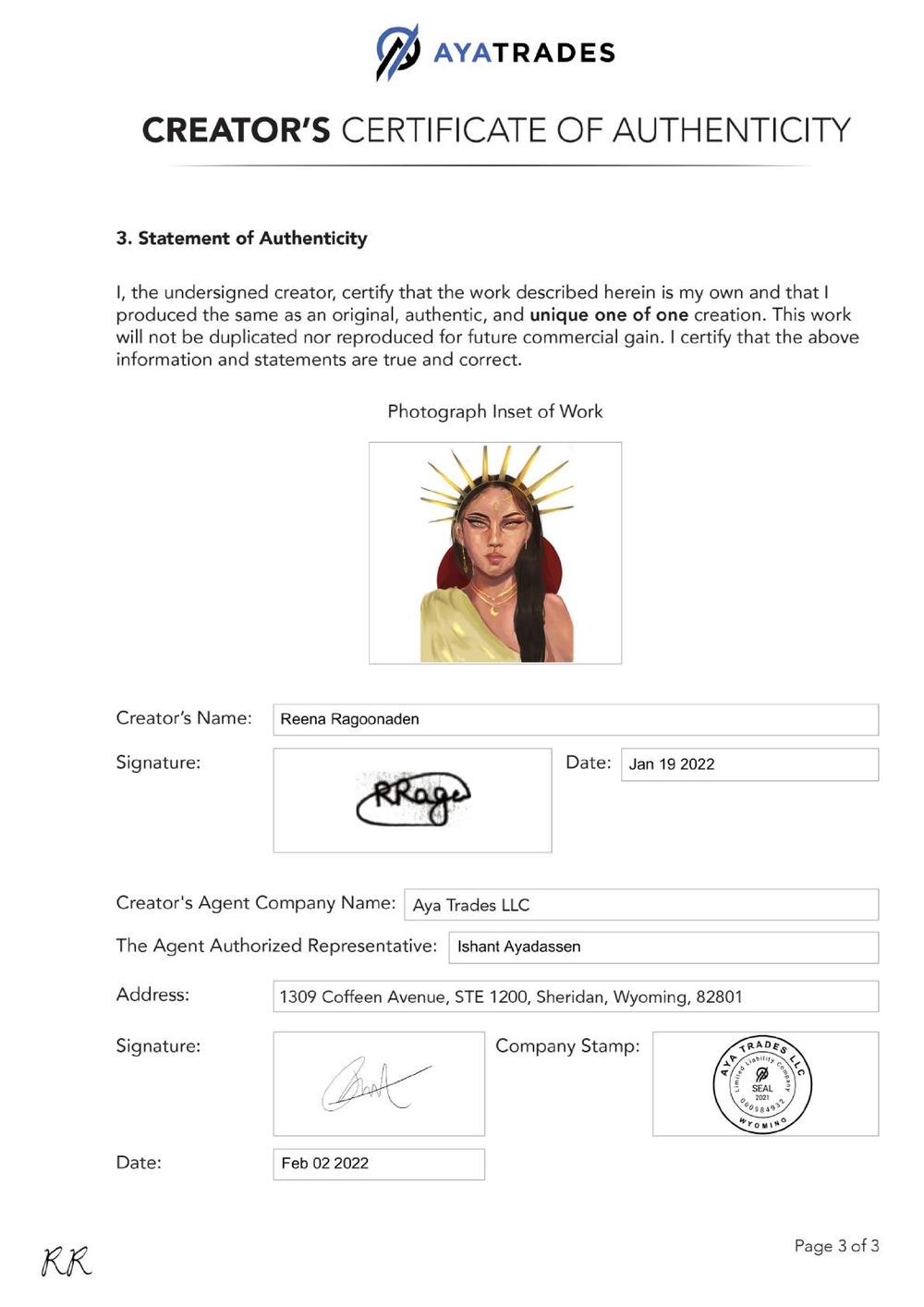 Certificate of Authenticity and Consignment - Sun Goddess