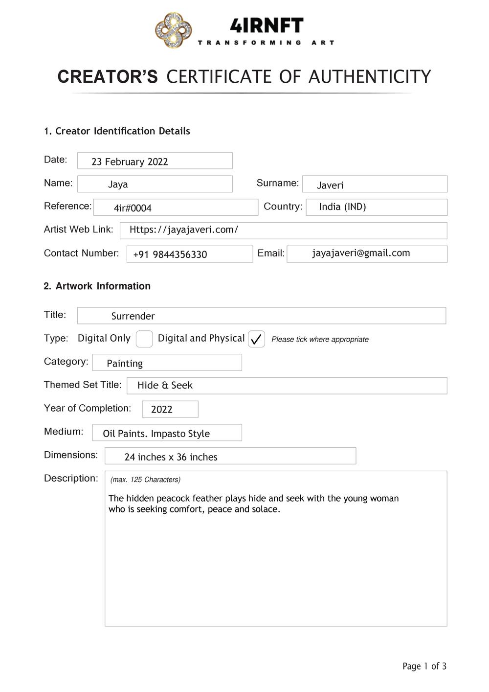 Certificate of Authenticity and Consignment - Surrender