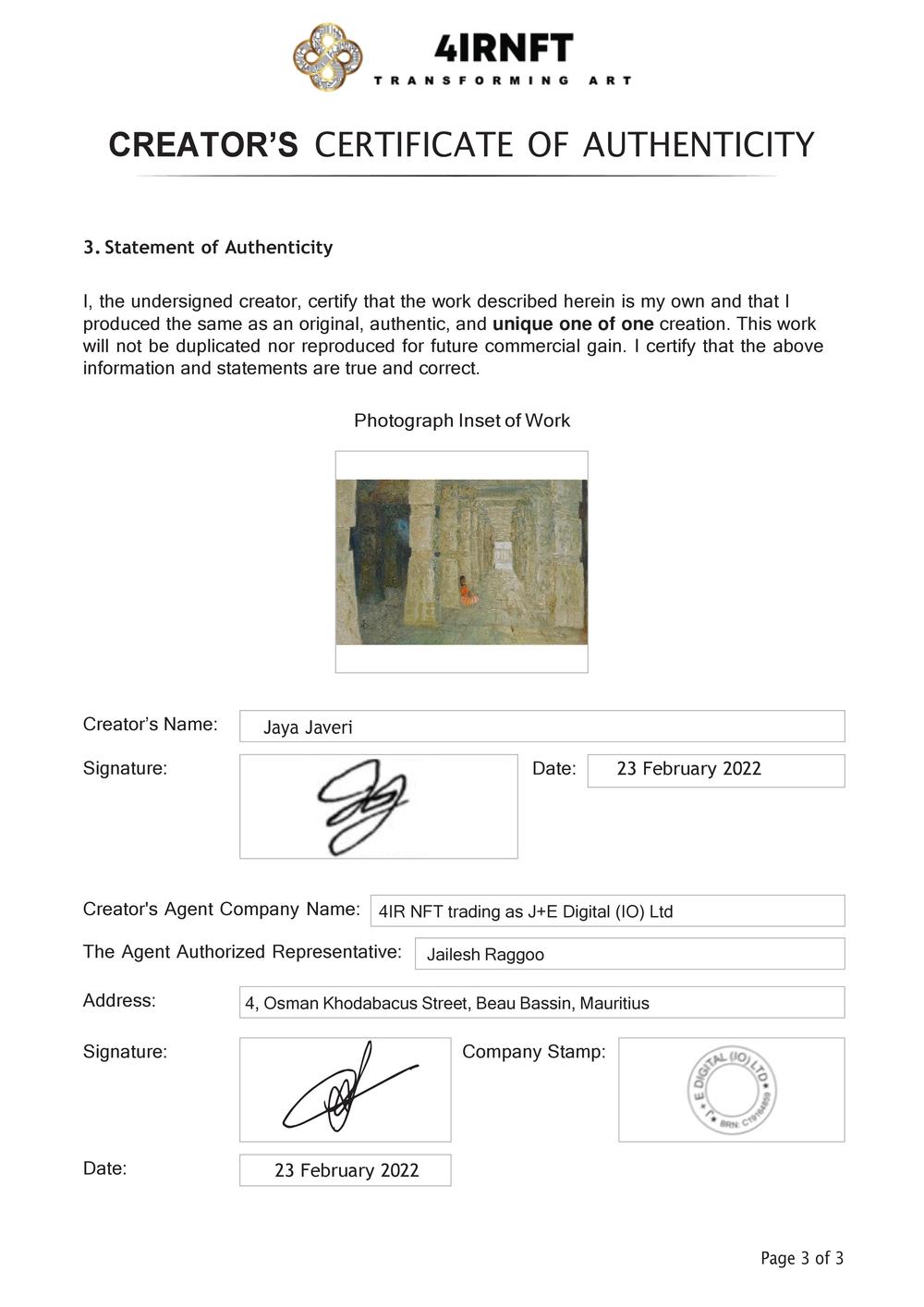 Certificate of Authenticity and Consignment - Surrender