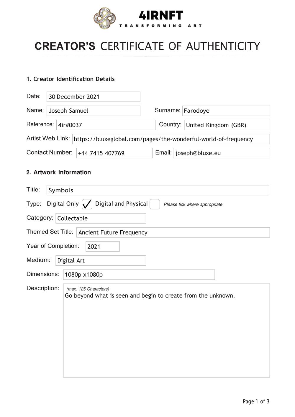 Certificate of Authenticity and Consignment - Symbols