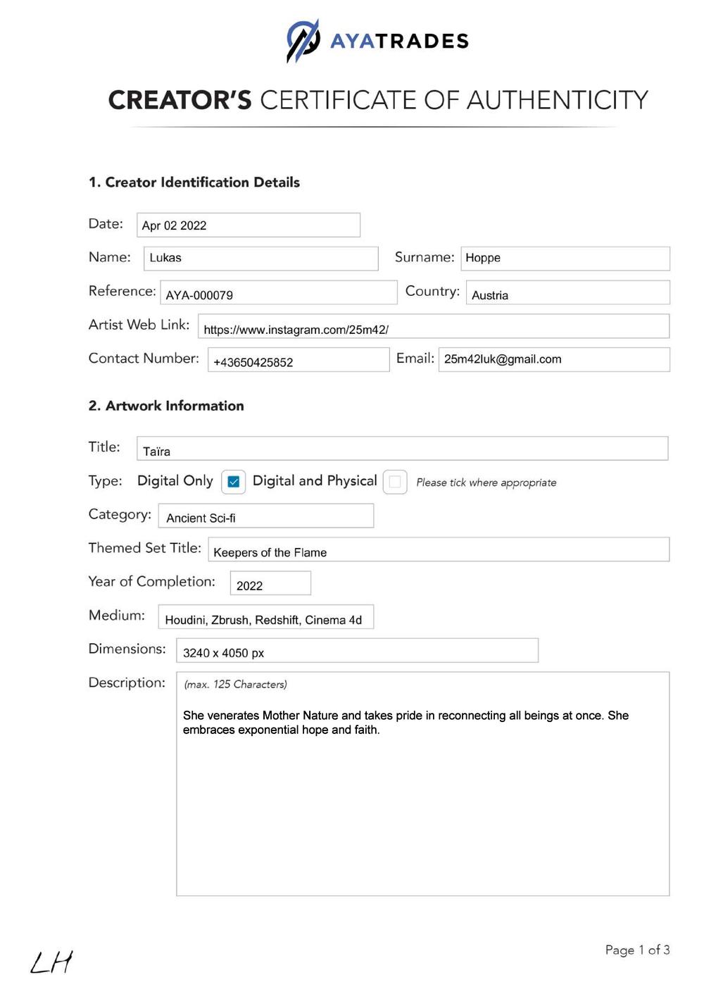 Certificate of Authenticity and Consignment - Taira