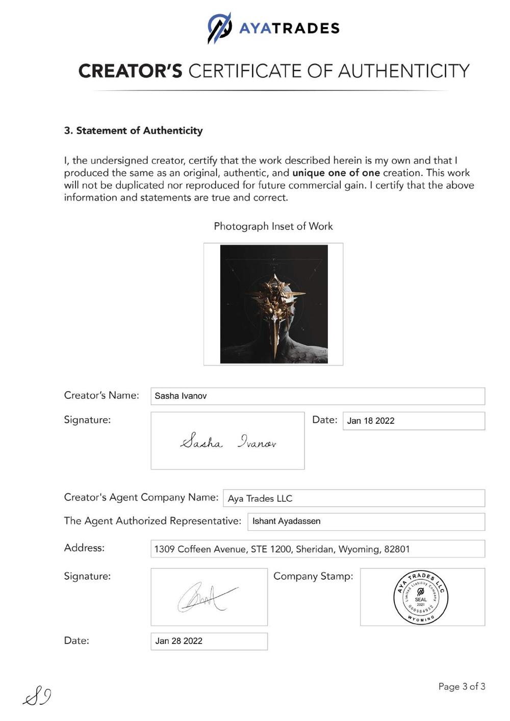 Certificate of Authenticity and Consignment - Telos