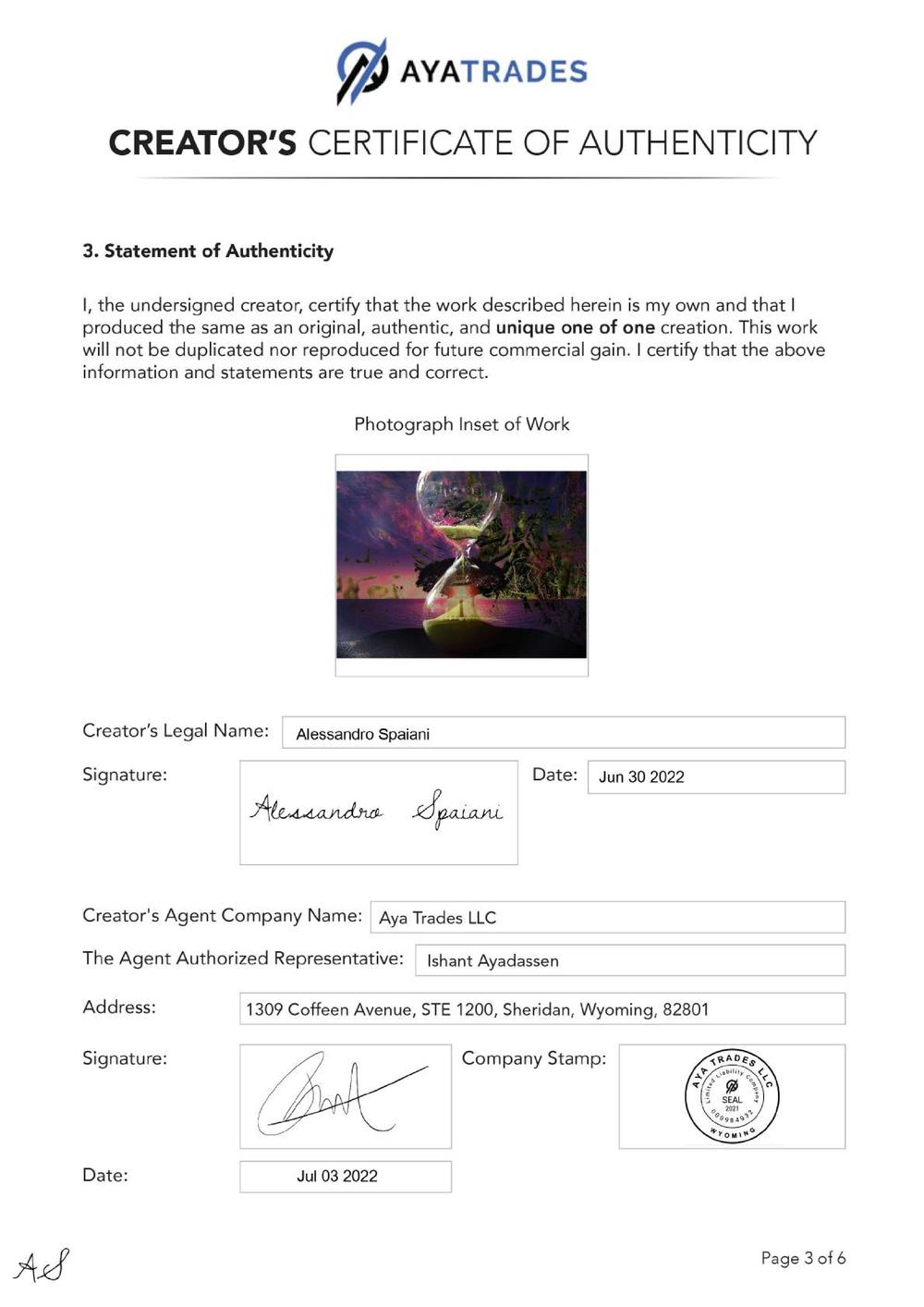 Certificate of Authenticity and Consignment - The Awakening