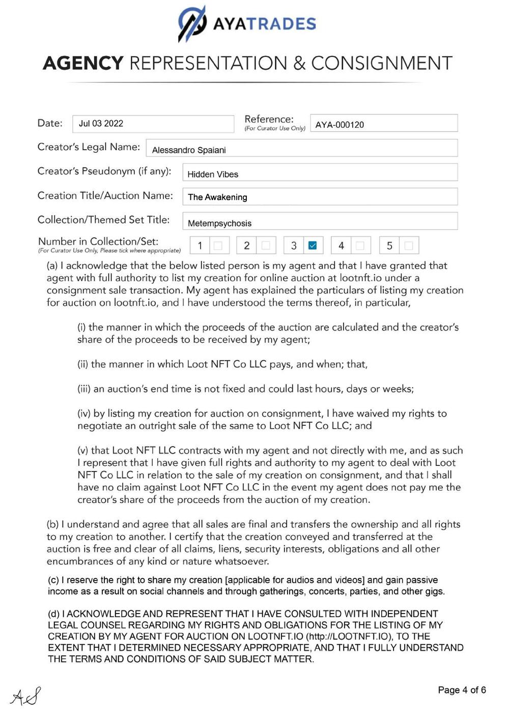 Certificate of Authenticity and Consignment - The Awakening