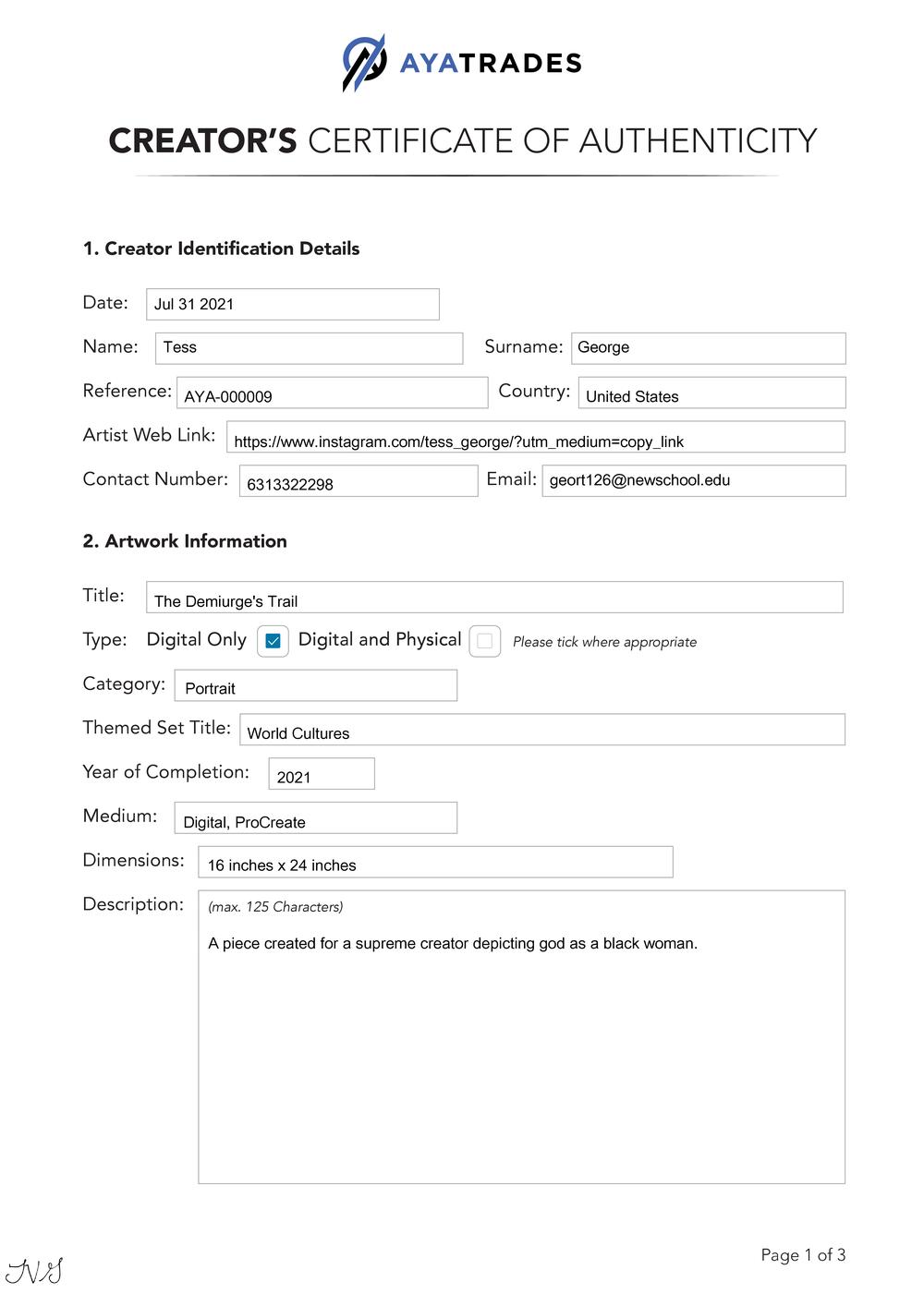 Certificate of Authenticity and Consignment The Demiurge Trail