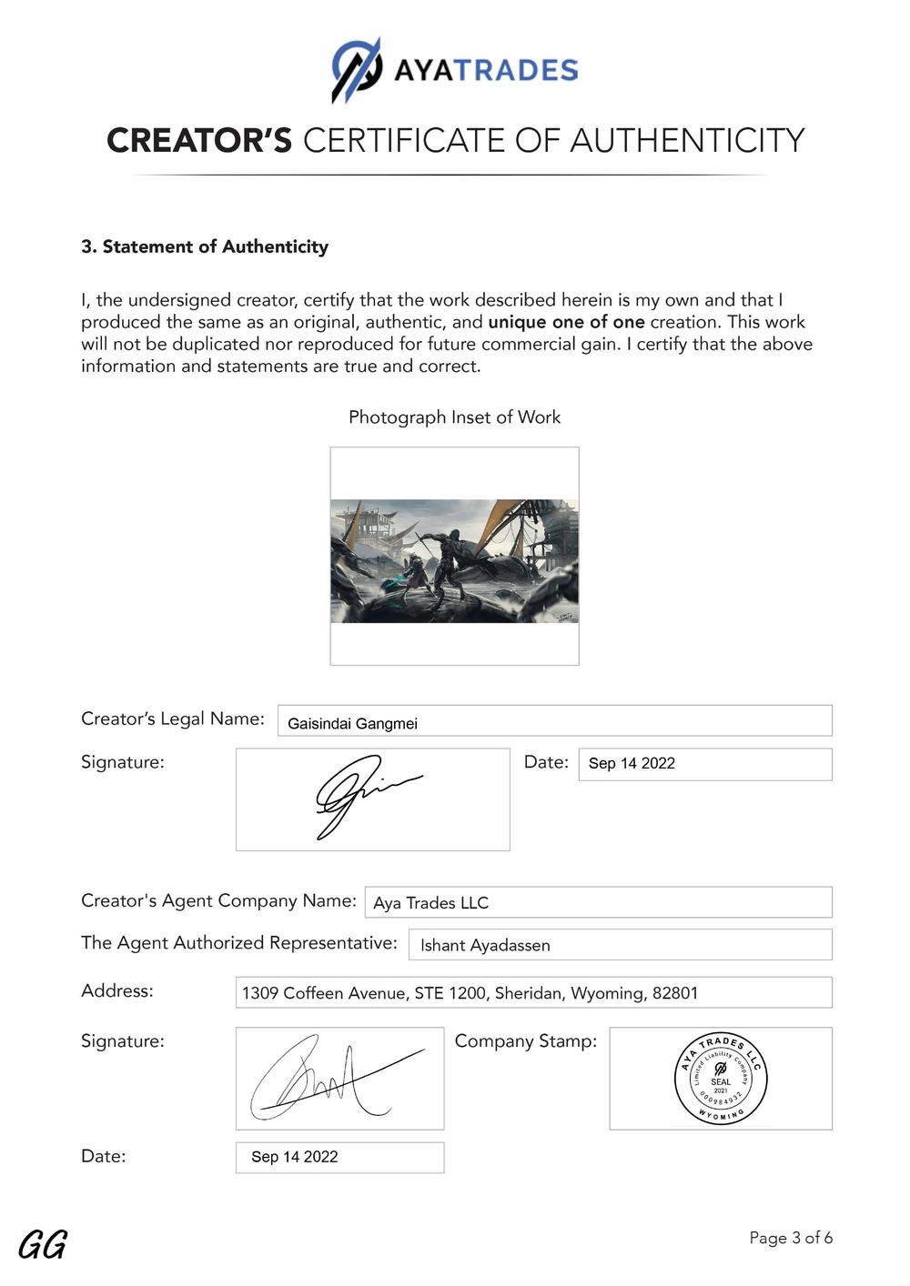 Certificate of Authenticity and Consignment - The Duel Finale