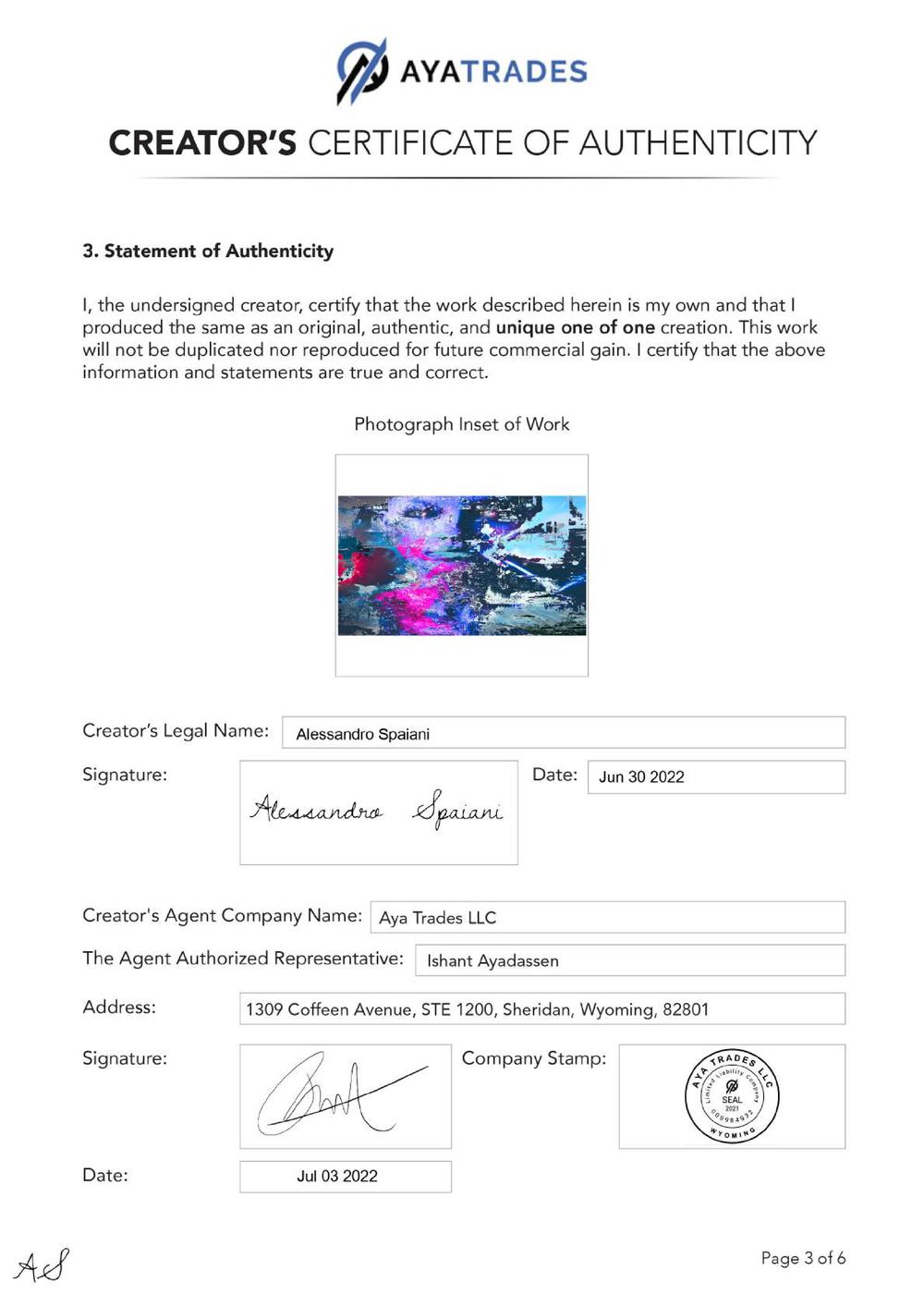 Certificate of Authenticity and Consignment - The Escape From Allion