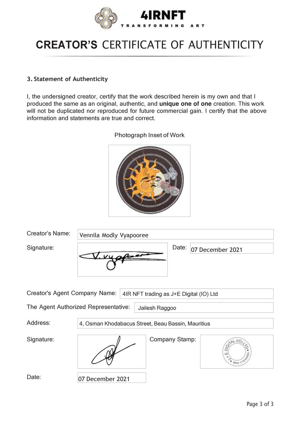 Certificate of Authenticity and Consignment - The Eternal Flames