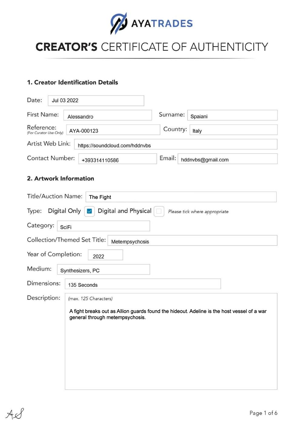 Certificate of Authenticity and Consignment - The Fight