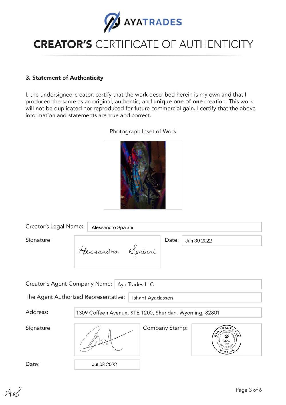 Certificate of Authenticity and Consignment - The Fight