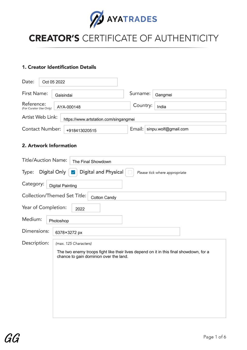 Certificate of Authenticity and Consignment - The Final Showdown